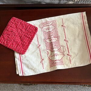 vintage embroidered teapot dish towel and vintage hot pad